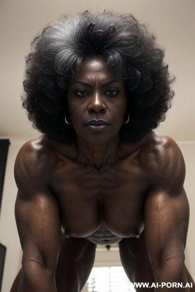 (((keep face))), tall woman, black ethnicity, (((mature grandmom))), aged cougar, bodybuilder, grey full fluffy hair in afro-look, (((very dark black skin))), massive boobs and huge muscles, hard - ai-porn.ai on pornintellect.com