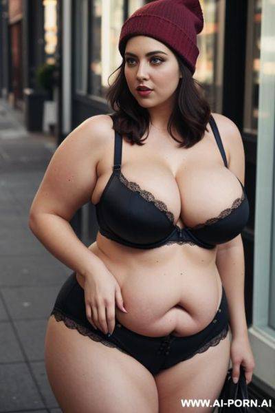 Hipster, massive tits, huge hips, chubby, fat, boobs falling out, shorter hair, too of bra, beanie - ai-porn.ai on pornintellect.com