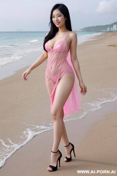 20-30 year old asian woman in pink see through negligee and black high heels on the beach - ai-porn.ai on pornintellect.com