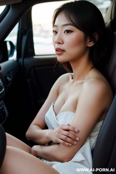 A low-quality snapchat photo shows asian woman passed out on a car back seat. she’s wearing nog, with her hair tered across the seat. the pixelated quality and natural shws from the dim - ai-porn.ai on pornintellect.com