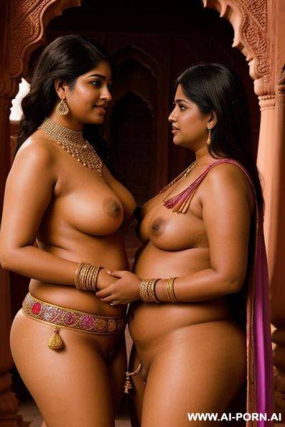 Ancient indian chubby female full naked servant shows her shaved vagina to a chubby lesbian indian queen in a colourful indian palace - ai-porn.ai - India on pornintellect.com