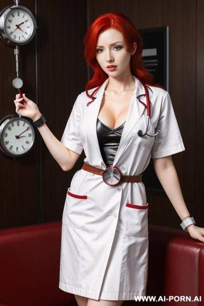 Anime style, doctor uniform , redhead, sexy, free nipples pierced, stethoscope, wearing a leather wristwatch around left wrist, full body - ai-porn.ai on pornintellect.com