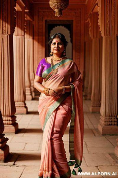 Ancient indian older chubby female well situated trader in saree in a colourful indian palace - ai-porn.ai - India on pornintellect.com