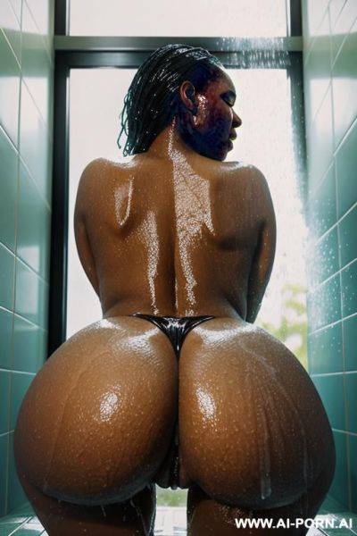 ((giantess)), horny tall giantess with gigantic tits leaning against the shower window at home, (view of the shower), ((extreme close up)) from behind, massive butts, sperm flowing on the back. happy and horny face, black skin - ai-porn.ai on pornintellect.com