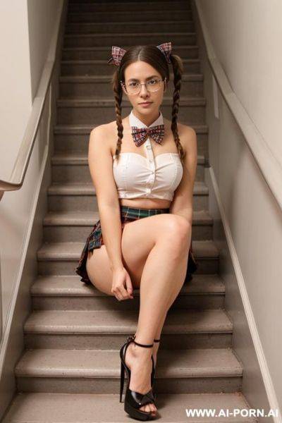 Plaid, bow tie, glasses, sitting on the stairs - ai-porn.ai on pornintellect.com