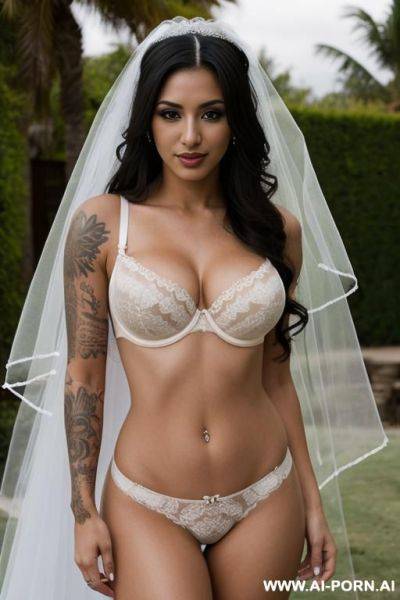 Latina, bra, panties, big (((fake))) tits, veil, bride, tattoos, outdoor venue - ai-porn.ai on pornintellect.com