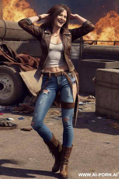 A woman with brown hair is wearing worn and bleached out, ripped and light blue pants and an old jeans jacket. she has long, messy brown hair. there ist lot of trash around. she looks punky - ai-porn.ai on pornintellect.com