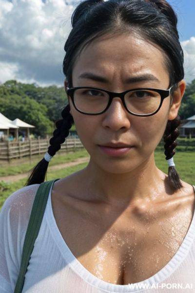 Thailand, chinese woman ((big breasts)), short bob hair, glasses, walking, fixing her hair, in front of the house, fence ((white wet t-shirt)) - ai-porn.ai - China on pornintellect.com