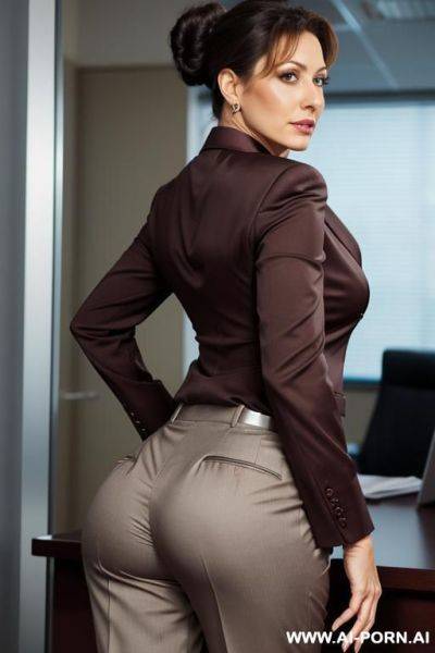 Sara jay, mature woman, office setting, suitpants, blouse, bun hair, huge ass, leaning position, close back view, eye over the shoulder - ai-porn.ai on pornintellect.com