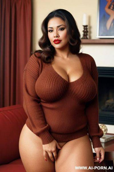 160s, 166. brown hair milf. brown eyes. latina-american. 3. chubby. huge natural 36j boobs. sweater. cutie babe face. red nails. full shot. living room. vintage, 60s style. hot woman. red lips. thick arms. without pants. slutty. pornstar. - ai-porn.ai - Usa on pornintellect.com
