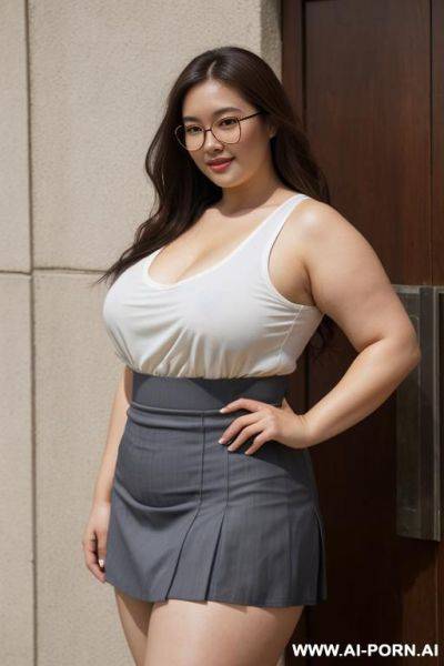 Asian woman, massive tits, missionary pose, cosplay costume but protruding nipples and vagina from under the skirt - ai-porn.ai on pornintellect.com