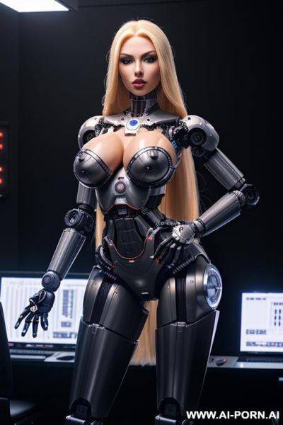 Sexbot, front view, full body view, standing upright, hands on spaceship control desk, looking at viewer, beautiful seductive human face with tanned silicone skin, long straight blonde hair, big - ai-porn.ai on pornintellect.com