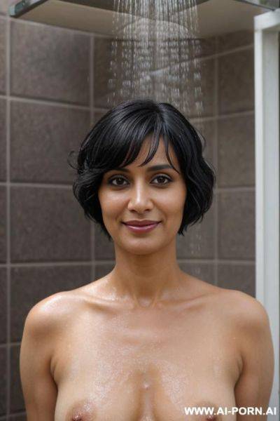 (pretty face), (detailed face), (soft slutty smile), (perfect nipples), (natural lighting), ), (large areolas), at a large fancy outdoor shower - ai-porn.ai on pornintellect.com