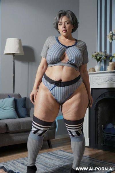 (((0 year old grandmother))), (((short gray hair))), (((very visible age marks))), (((triangle hips))), (((thick thighs))), (((blue t-shirt with black vertical stripes))), (((blue panties))), (((long blue - ai-porn.ai on pornintellect.com
