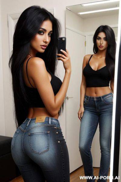 Arab, long hair, jeans, ass, side view, mirror shot, eye contact, heavy black eye makeup, seductive face, tanned skin - ai-porn.ai on pornintellect.com