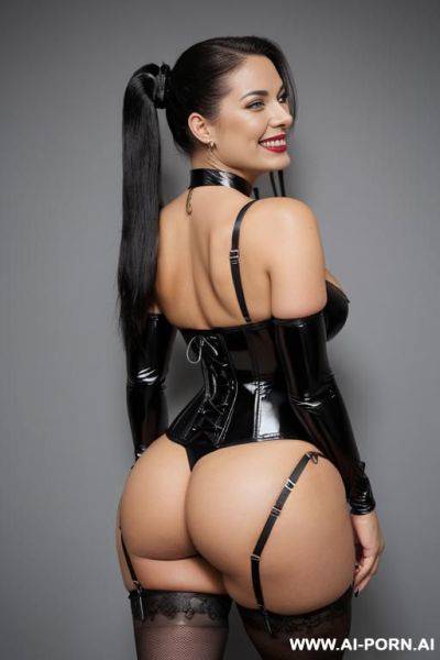 Narrow waisted woman with huge tits wearing a tight black shiny bikini and stockings viewed from behind - ai-porn.ai on pornintellect.com