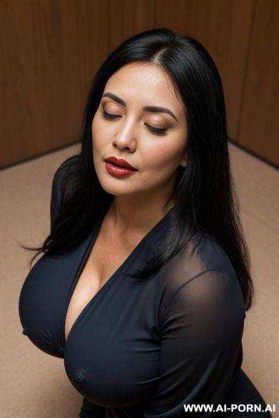 Deep cleavage, huge boobs, kneeling down, (looking up, raised head, chin up), eyes half closed, open mouth, happy, close up from above, big plump puckered lips, meditating - ai-porn.ai on pornintellect.com