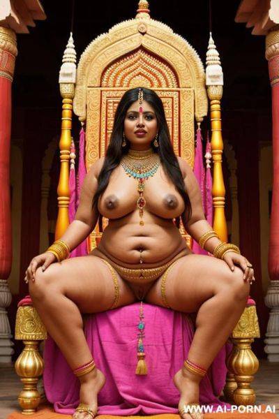 Ancient indian chubby full naked female with shaved vagina in devote attitude in a colourful indian throne room - ai-porn.ai - India on pornintellect.com