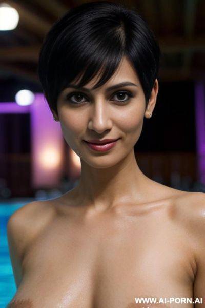 (pretty face), (detailed face), (soft slutty smile), (perfect nipples), (natural lighting), ), (large areolas), at a fancy indoor pool party - ai-porn.ai on pornintellect.com