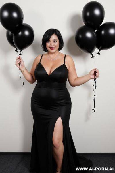 Mature woman, slightly chubby, full body, standing, short black hair, big smile, wearing a long black dress with straps, party room with balloons - ai-porn.ai on pornintellect.com