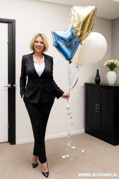 Mature woman, slightly chubby, full body, standing, short blonde hair, big smile, wearing a black suit, white shirt and tie, dress pants, party room with balloons - ai-porn.ai on pornintellect.com