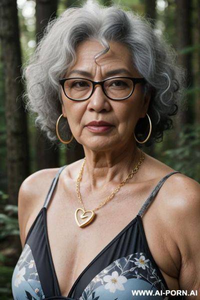 75-year-old grandmother (with visible signs of age), with an asian appearance, wearing glasses, hoop earrings, a gold chain with a heart-shaped pendant around her neck, sagging breasts, dark eyes, - ai-porn.ai on pornintellect.com