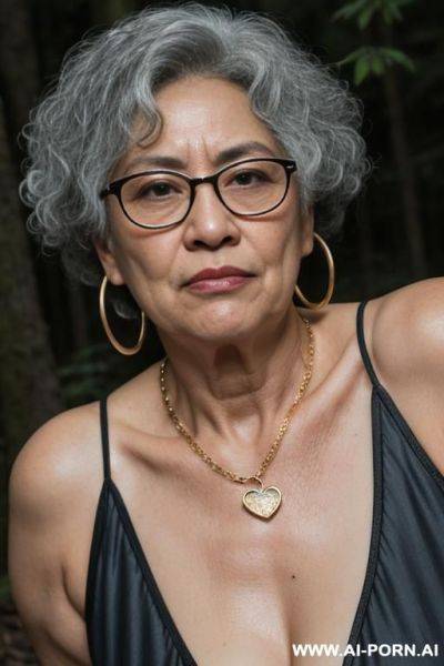 5-year-old grandmother (with visible signs of age), with an oriental appearance, wearing glasses, hoop earrings, a gold chain with a heart-shaped pendant around her neck, sagging breasts, black eyes, - ai-porn.ai on pornintellect.com