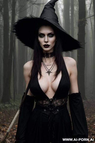 Ultrarealistic, sexy lanky brunette standing in a forest at midnight, bleached witch outfit, a broom, hostile face, messy hair, a witch hat on head, a crow on shoulder, black nail polish, a black spider necklace, black lipstick, show boobs - ai-porn.ai - Poland on pornintellect.com