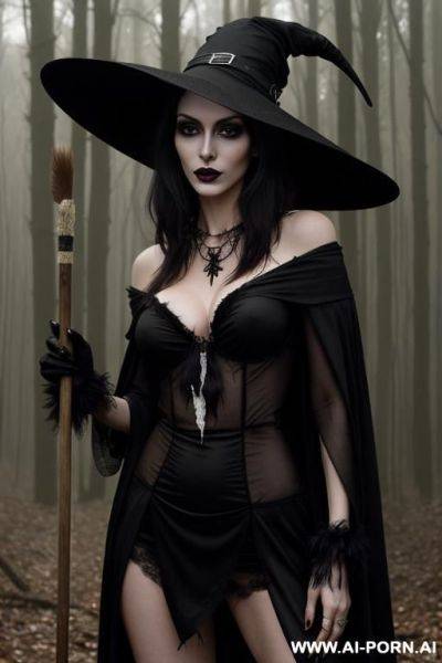 Ultrarealistic, sexy lanky brunette standing in a forest at midnight, bleached witch outfit, a broom, hostile face, messy hair, a witch hat on head, a crow on shoulder, black nail polish, a black spider necklace, black lipstick, show nipples - ai-porn.ai - Poland on pornintellect.com