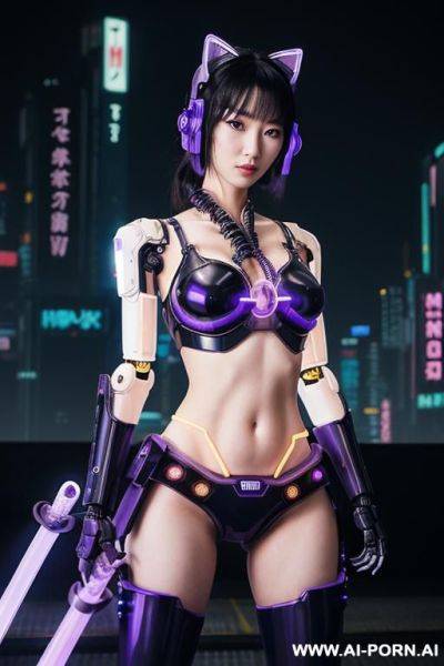 Beautiful realistic japanese woman ((woman fully robotic mechanic body)), (((holding electric and luminous neon violet sword))), ultra detailed, finely detail, highly detailed face, highly detailed eyes, - ai-porn.ai - Japan on pornintellect.com