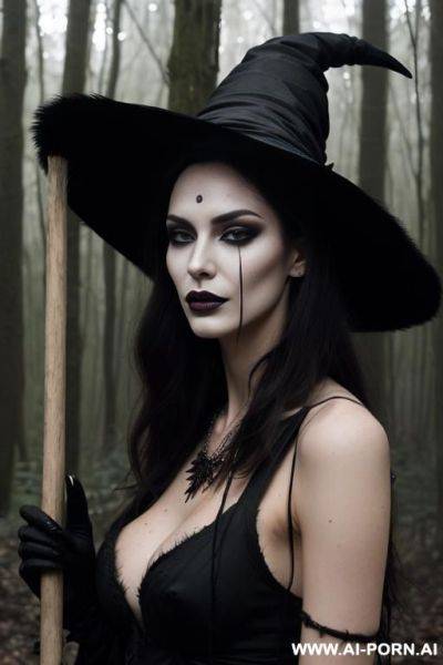 Ultrarealistic, sexy lanky brunette standing in a forest at midnight, bleached witch outfit, a broom, hostile face, messy hair, livid skin, a witch hat on head, a crow on shoulder, black nail polish, a black spider necklace, black lipstick, show boobs - ai-porn.ai - Poland on pornintellect.com