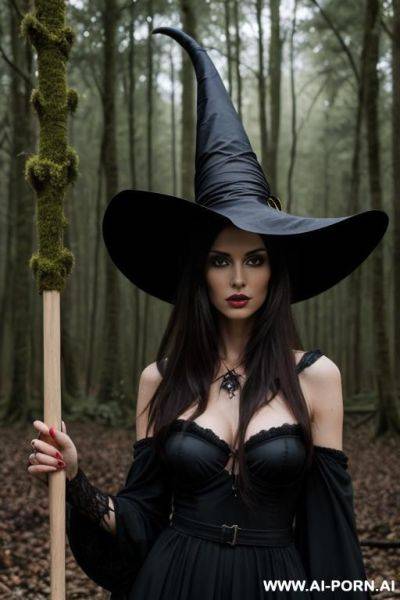 Ultrarealistic, sexy lanky brunette standing in a forest at midnight, witch outfit, a broom, hostile face, messy hair, a witch hat on head, a crow on shoulder - ai-porn.ai on pornintellect.com
