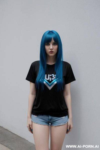 Electric blue hair, no make up, black graphic t shirt, shorts, black t shirt - ai-porn.ai on pornintellect.com