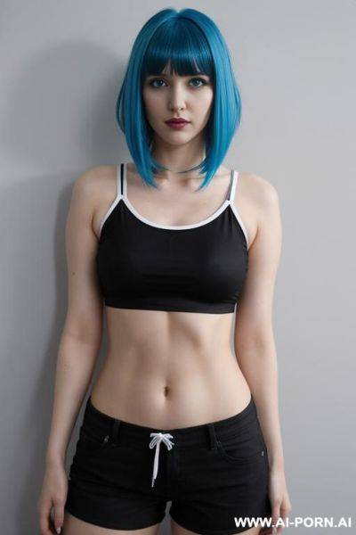 Electric blue hair, no make up, black graphic t shirt, shorts - ai-porn.ai on pornintellect.com