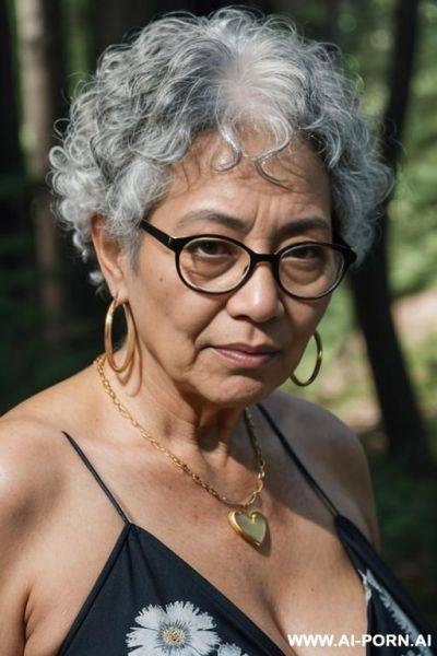 5-year-old grandmother (with visible signs of age), with an asian appearance, wearing glasses, hoop earrings, a gold chain with a heart-shaped pendant around her neck, sagging breasts, dark eyes, - ai-porn.ai on pornintellect.com