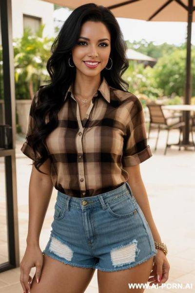 Beautiful, realistic, brazilian, 30, wavy hair, black hair, athletic body, slight smile, makeup, eye shw, standing, spreading legs, jean shorts, brown check shirt, patio background. - ai-porn.ai - Brazil on pornintellect.com