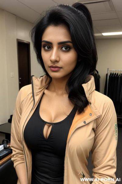Pakistani, tan, huge perfect oval tits, dri fit jacket, looking at viewer, drowsy facial expression, cleavage - ai-porn.ai - Pakistan on pornintellect.com