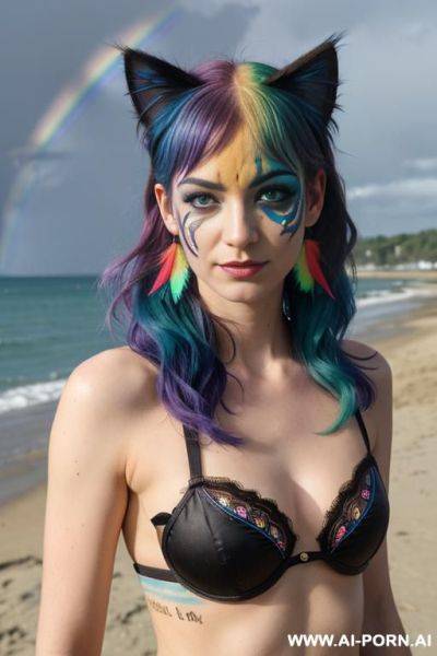 Pretty face, ((face painting)), ((rainbow hair)), ((wind)), ((cat ears)), ((feather earrings)), neckless, full view, standing, sensual - ai-porn.ai on pornintellect.com