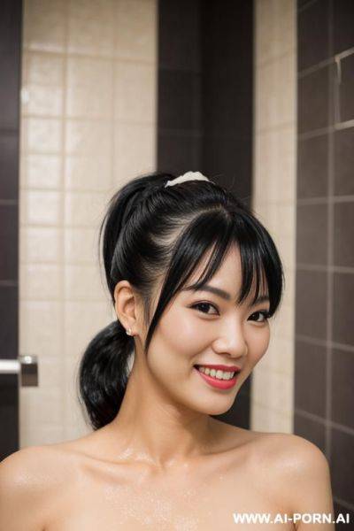 Vietnamese woman, black ponytail hair bangs, smiling, boobs, naked, sex, masturbate, apartment, shower - ai-porn.ai - Vietnam on pornintellect.com