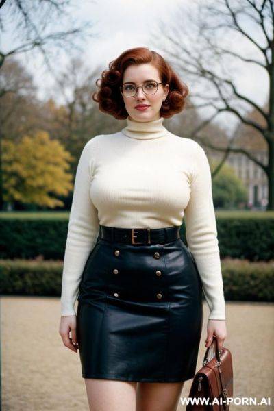 180s style, 181, vintage, retro, cutie babe face, short, turtleneck shirt, office jacket, skirt. curly hair. glasses. nerd. curvy - ai-porn.ai on pornintellect.com
