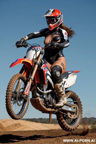 Naked female riding a motorbike, totally naked, nude female, pussy, saggy huge boobs - ai-porn.ai on pornintellect.com