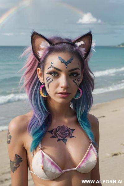 Face, sexy, beautiful, ((face painting)), ((bikini as seashell)), ((tattoo roses)), ((eyes shw)), ((angel wings)), ((rainbow hair)), ((long bu hair)), ((wind)), (( cat face)), (( cat ears)), (((feather - ai-porn.ai on pornintellect.com