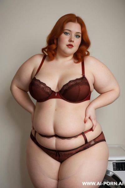 Half-length photo, ((half body photo shot close up)). as a set in the laundry area, a (((very big obese))) fat chubby fat thick and bbw redhead british, ((she is washing clothes)). she has - ai-porn.ai - Britain on pornintellect.com