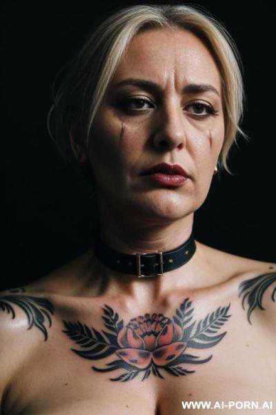 Woman in bondage, in agony, sub, choker, floral tattoo, cooking - ai-porn.ai on pornintellect.com