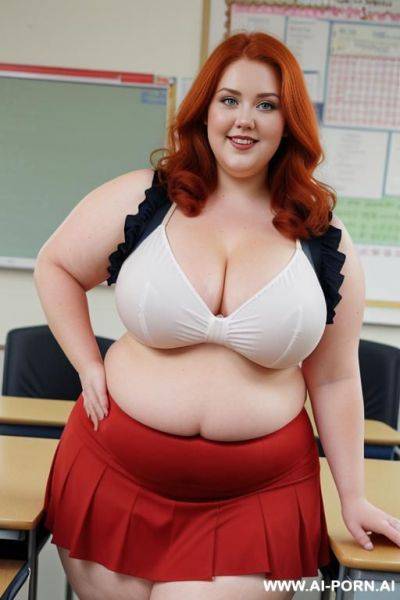 Close up full body photo shot, about at classroom, chubby very obese redhead fat bbw curvy teacher, wearing a sexy and hot micro red ruffle skirt, and elegant top, teaching to the classroom. - ai-porn.ai on pornintellect.com