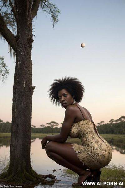 Full body depiction of an african woman, , natural oval boobs, she has afro hair, with a torn and dirty cotton dress, she looks tired, sad and exhausted. she is in the middle of a swamp - ai-porn.ai on pornintellect.com