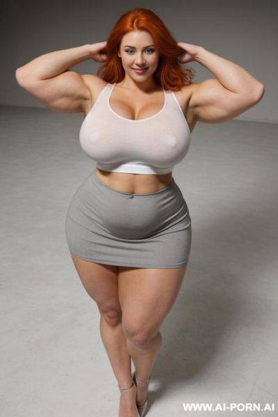 (full body view from above), stunningly beautiful, tight white shirt, long grey fluffy skirt, (((fat muscled arms))), long hair, (narrow waist), (narrow hips), firm thighs, (huge round boobs), - ai-porn.ai on pornintellect.com