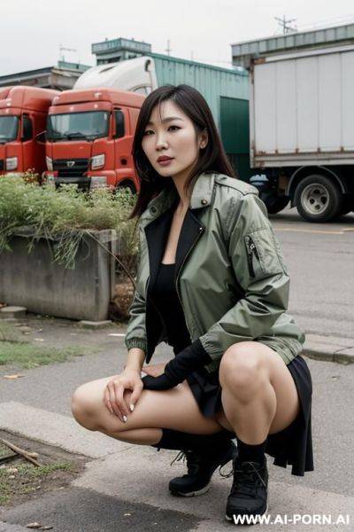 Korean mature woman, squatting in overgrowth behind market, near trucks, outdoorjacket, skirt, lifting skirt, hairy pussy - ai-porn.ai - North Korea on pornintellect.com