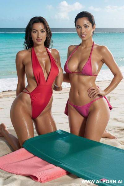 Two lifeguards (different ethnicity) lying on towel at the beach, one red swimsuit, one green swimsuit, show nipples, one blue towel, one pink towel, wet, topless - ai-porn.ai on pornintellect.com