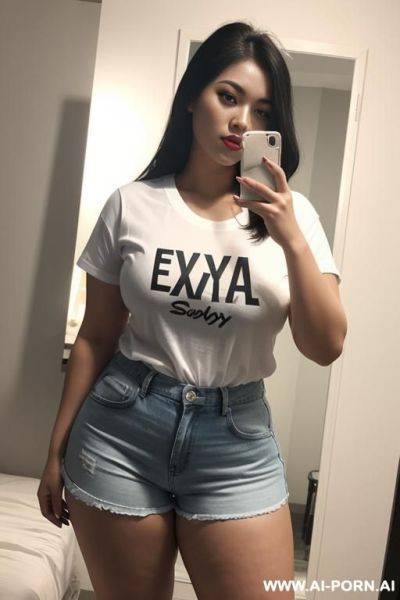 20 year old woman, very attractive curvy woman, body, white asian skin, wearing shorts and t-shirt, mirror selfie - ai-porn.ai on pornintellect.com